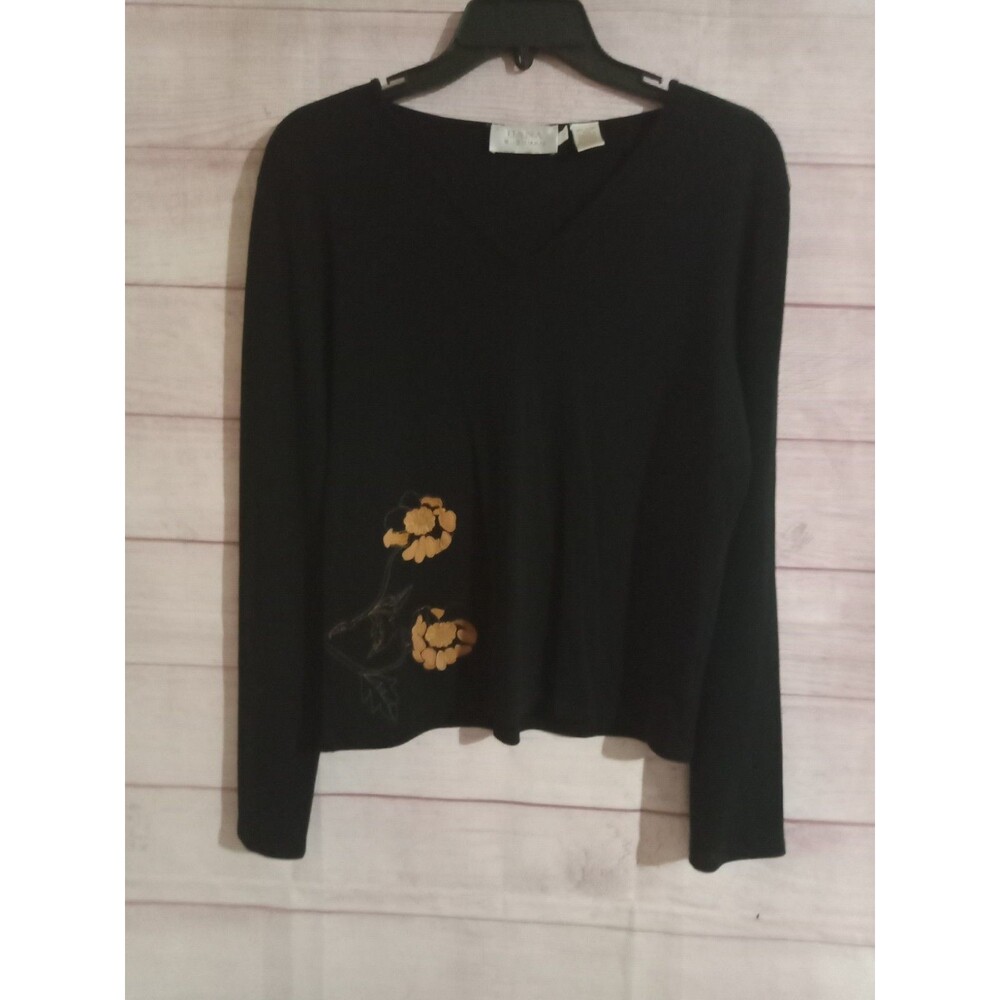Dana Buchman Shirt Top Women's Size Large Floral Embroidered 3/4 Sleeve